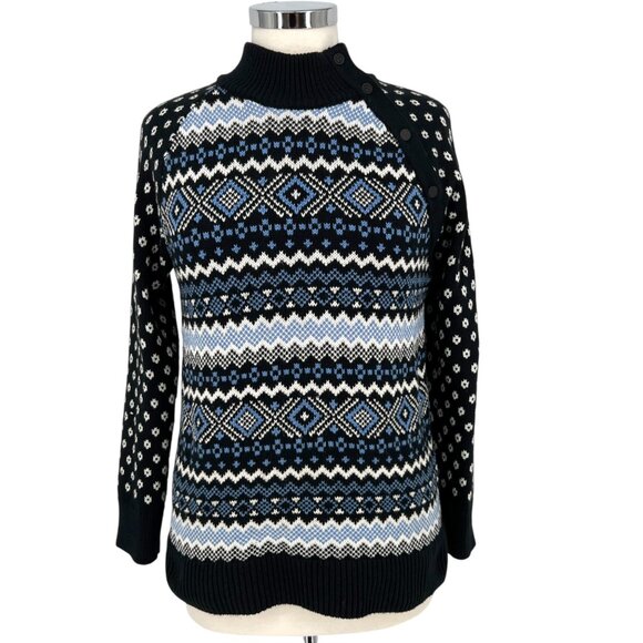 T By Talbots Fair Isle Sweater Cotton Wool Blend Black Blue Size Small - Picture 1 of 12